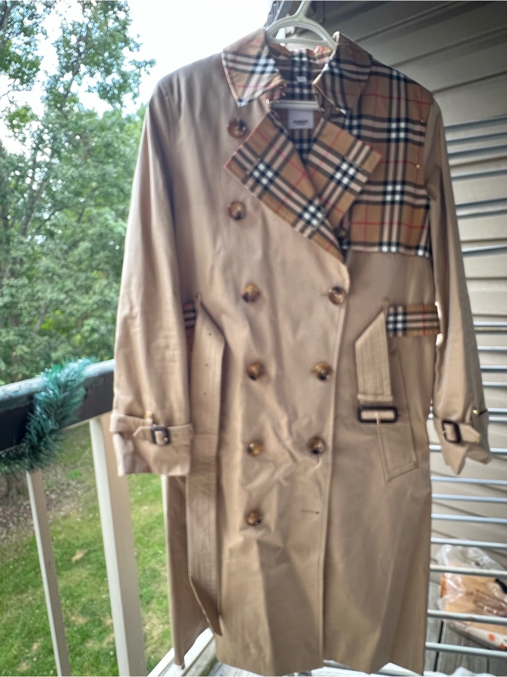 Classic Women Tan Trench Coat with Plaid Trim